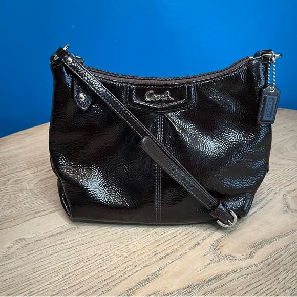 COACH Ashley Chocolate Brown Patent Leather Pebbled Small Crossbody Purse - Picture 1 of 11